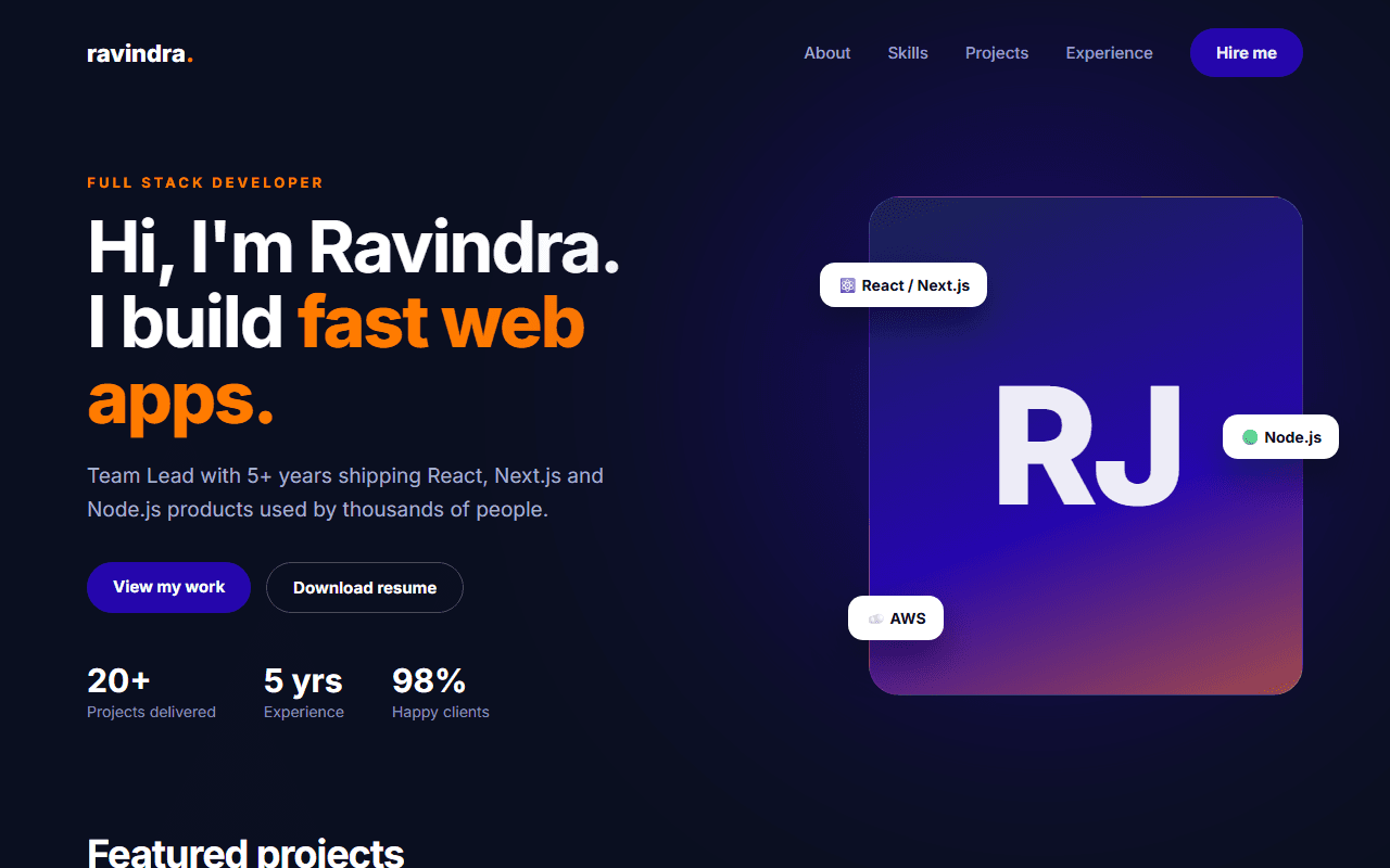 Developer portfolio website generated from an AI prompt