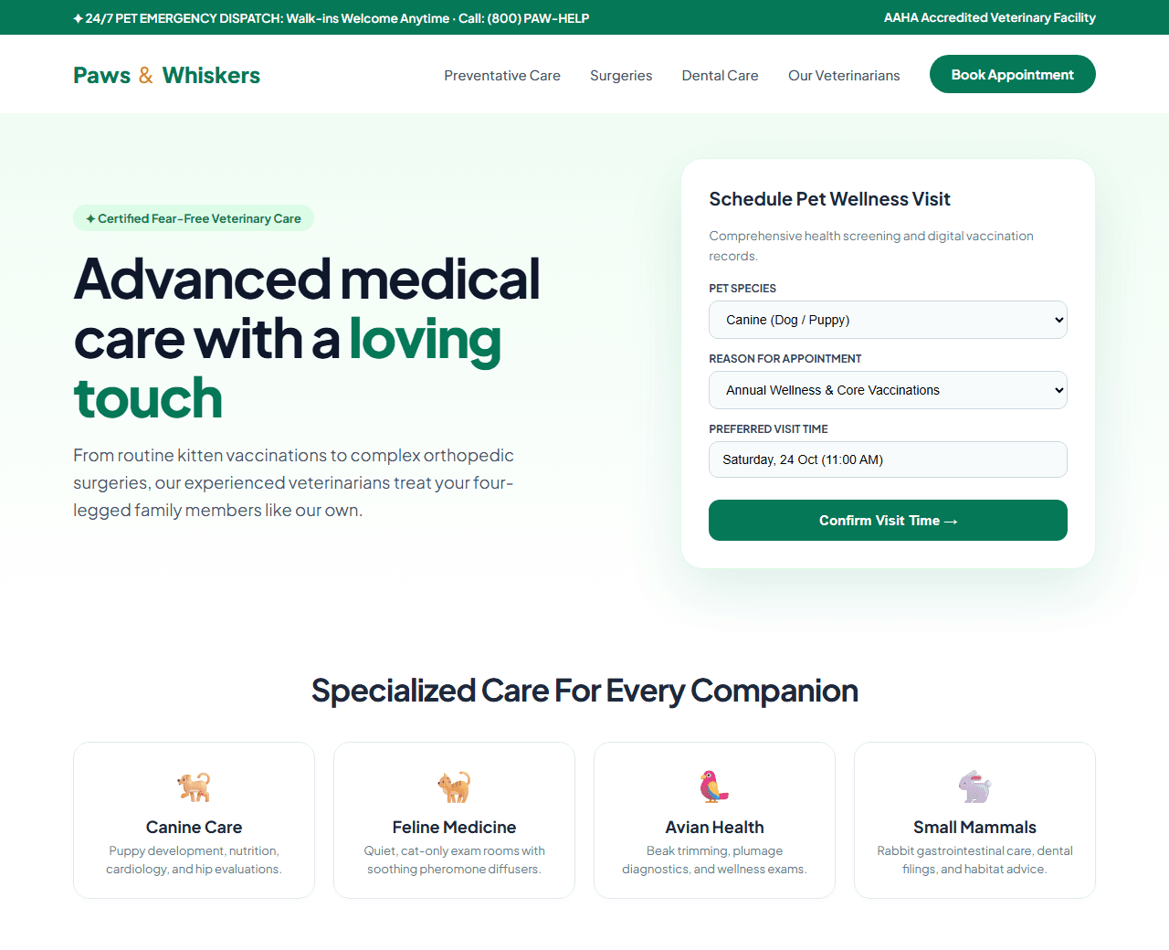 Preview of the veterinary hospital & pet care this AI prompt builds