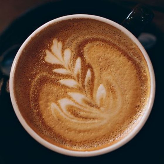 Top-down view of a cappuccino with leaf latte art in a white cup