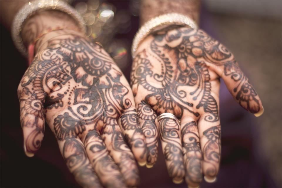Close-up of two palms covered in intricate henna